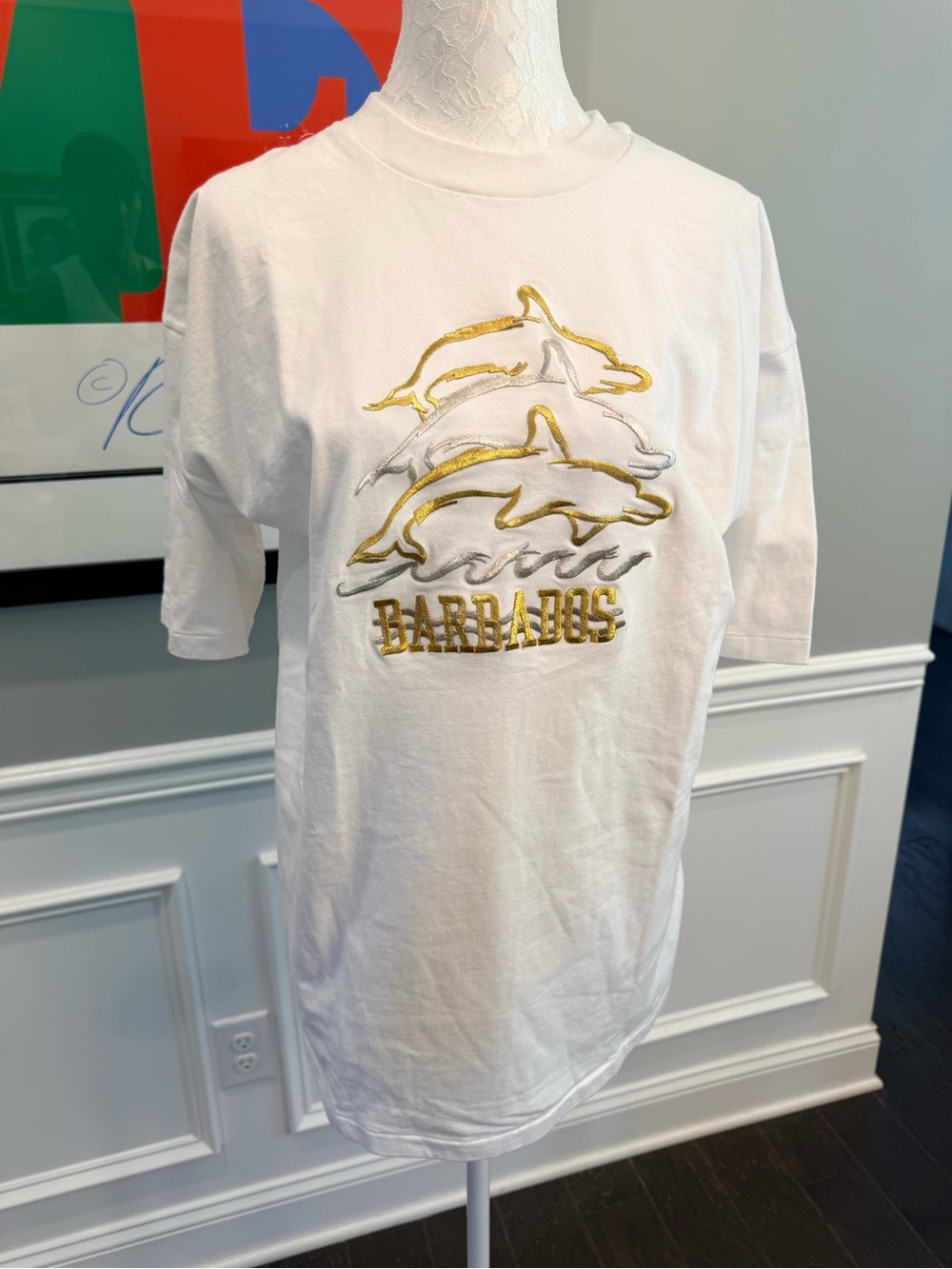 Vintage 90s Hefty Sun Island Barbados Dolphin Embroidered T-Shirt XL White